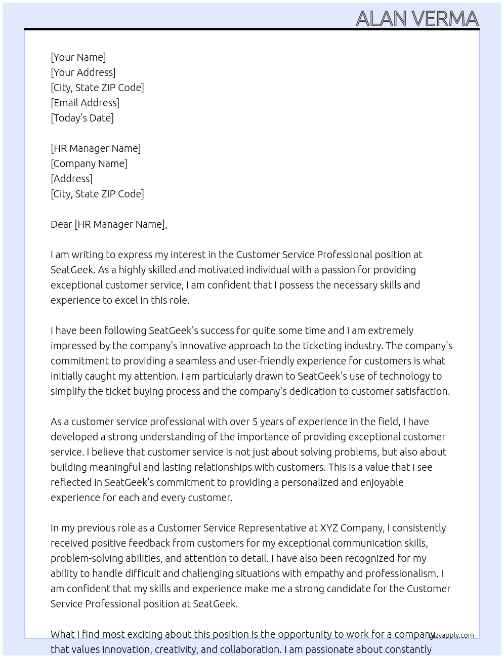 Customer Service Professional At SeatGeek Cover Letter