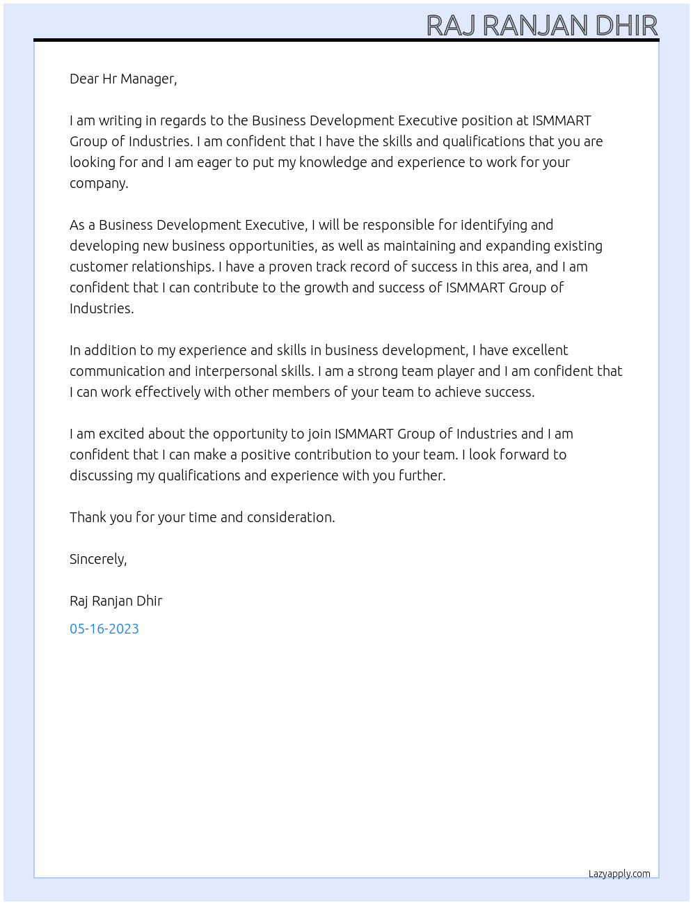 Business Development Executive At ISMMART Group of Industries Cover Letter