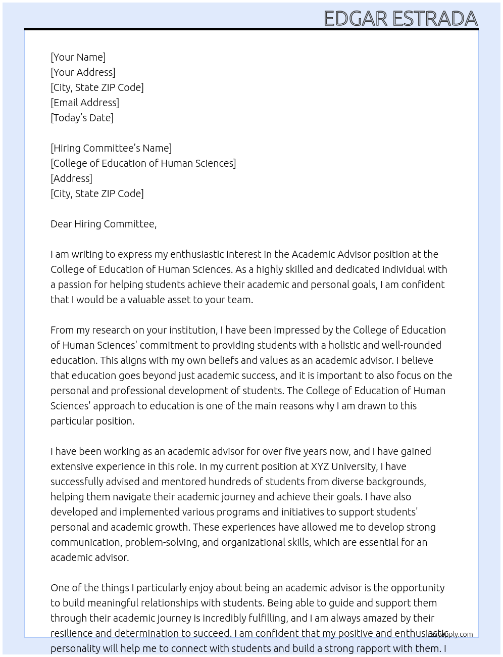 Academic Advisor At College of Education of Human Sciences Cover Letter