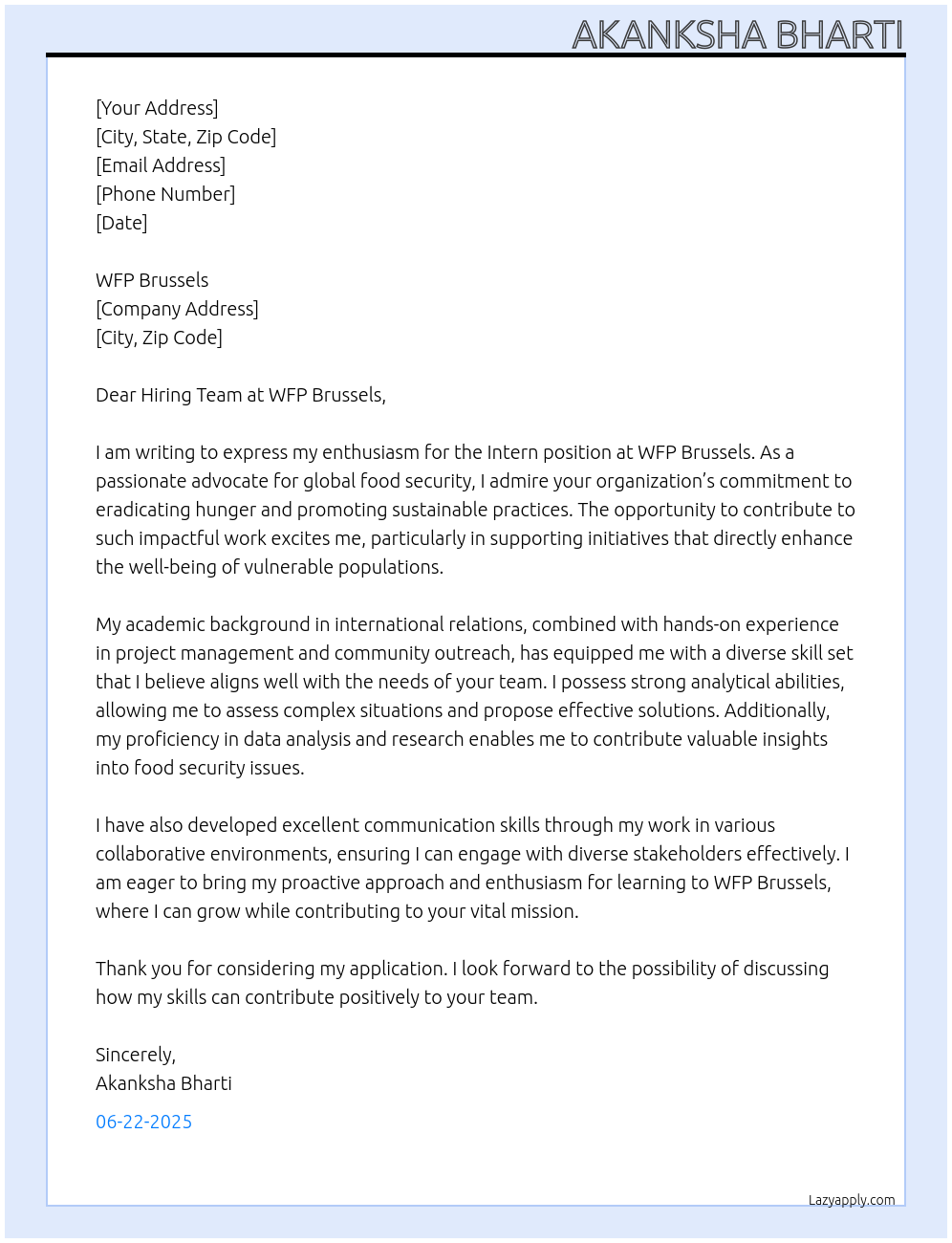 intern At WFP Brussels Cover Letter