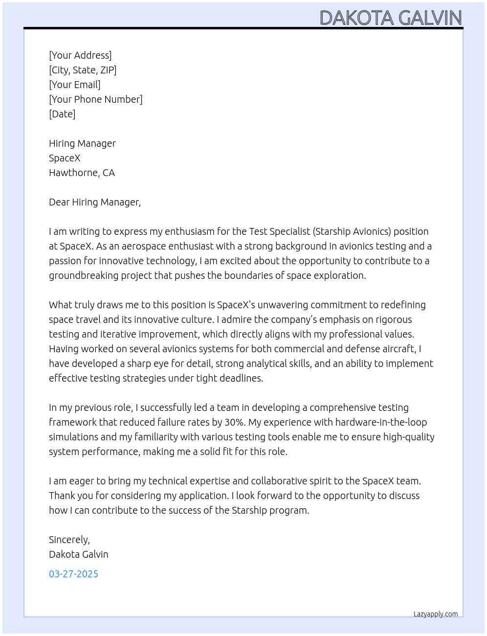 Test Specialist (Starship Avionics) Hawthorne, CA At SpaceX Cover Letter