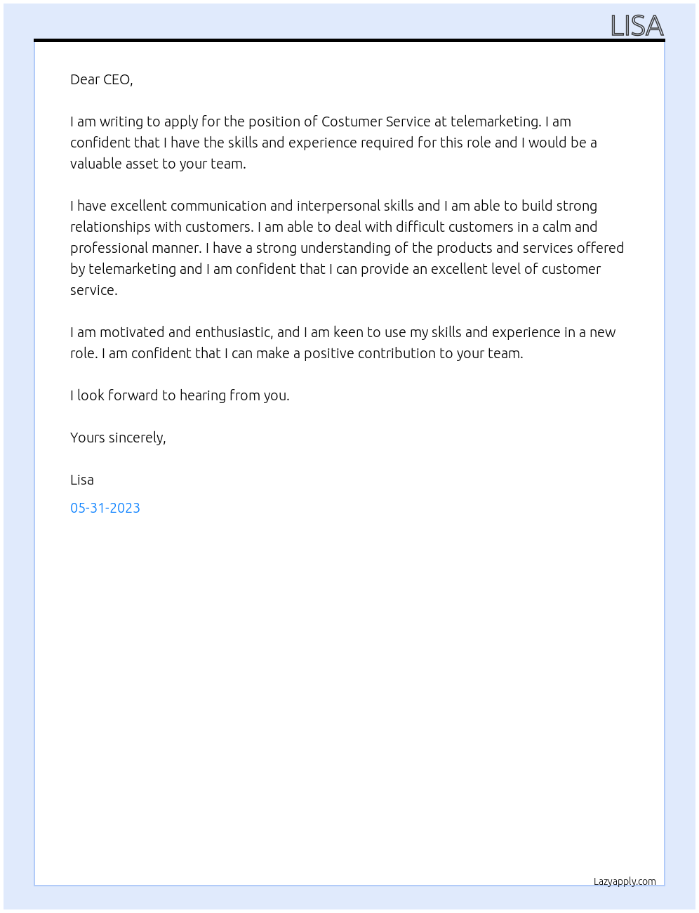 Costumer Service At telemarketing Cover Letter