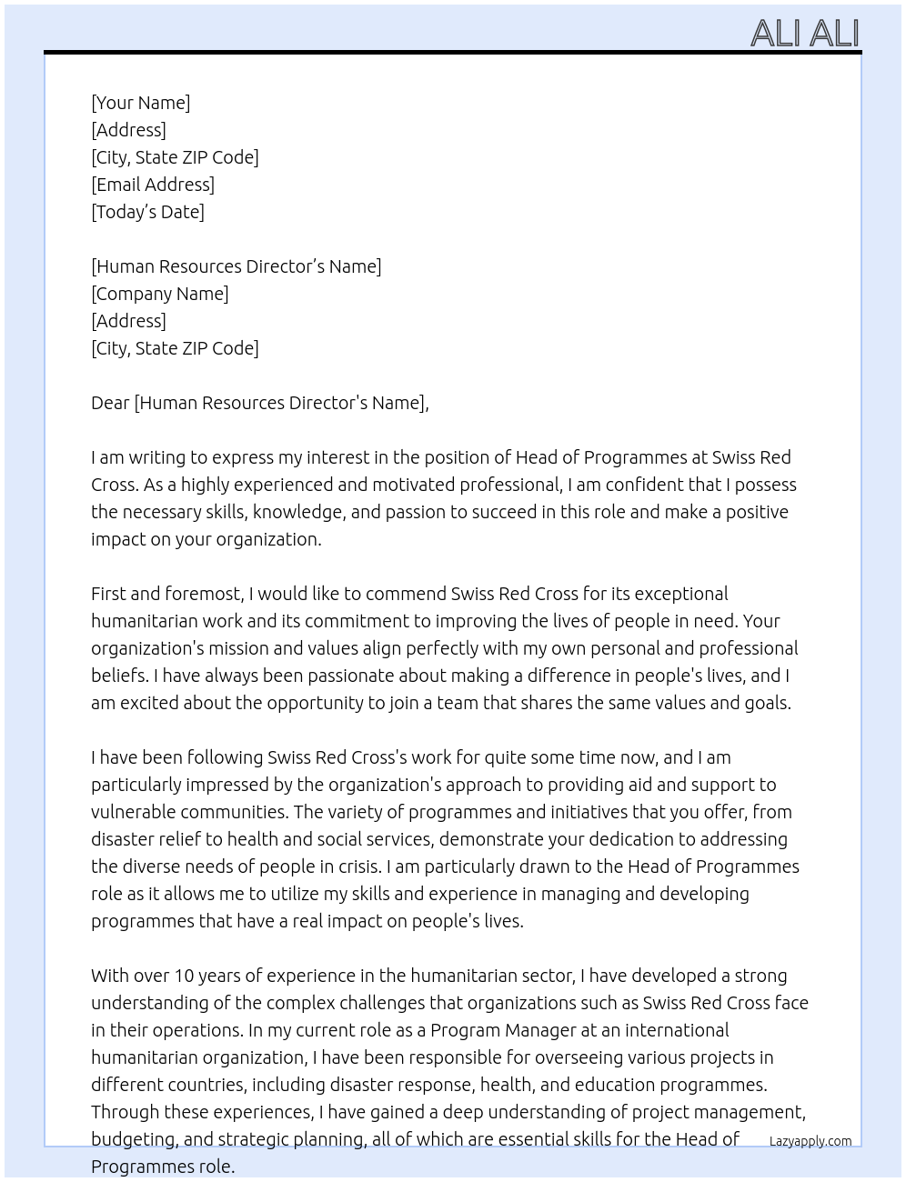 Head of Programmes  At  Swiss Red Cross Cover Letter