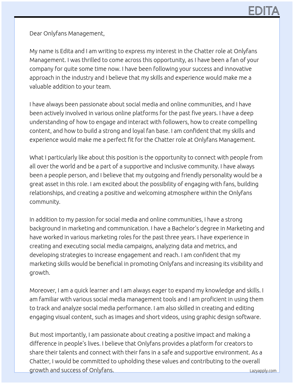 Chatter At Onlyfans management  Cover Letter