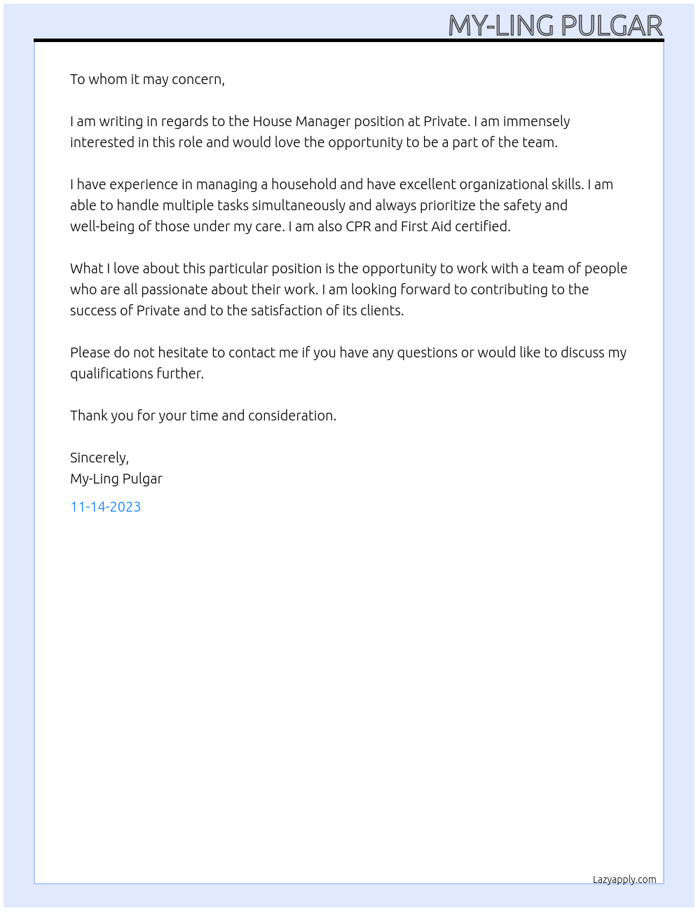 House Manager At Private Cover Letter