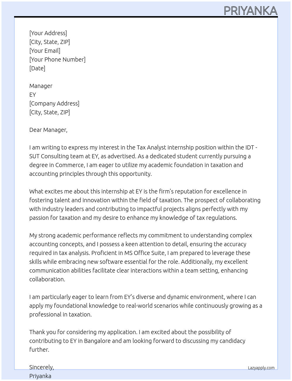 IDT - SUT Consulting - Tax Analyst At EY Cover Letter