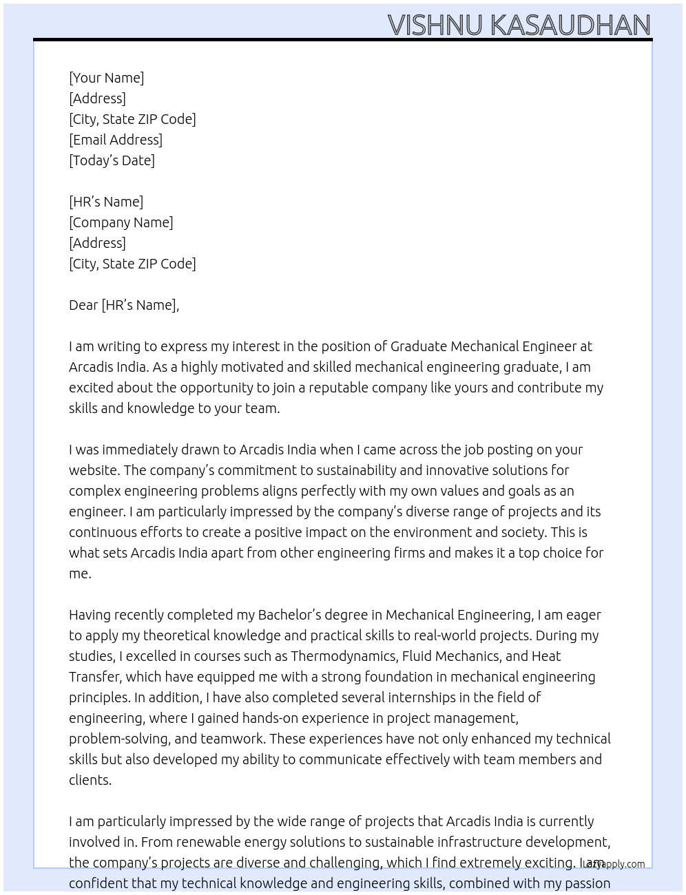 Graduate Mechanical Engineer At Arcadis India Cover Letter