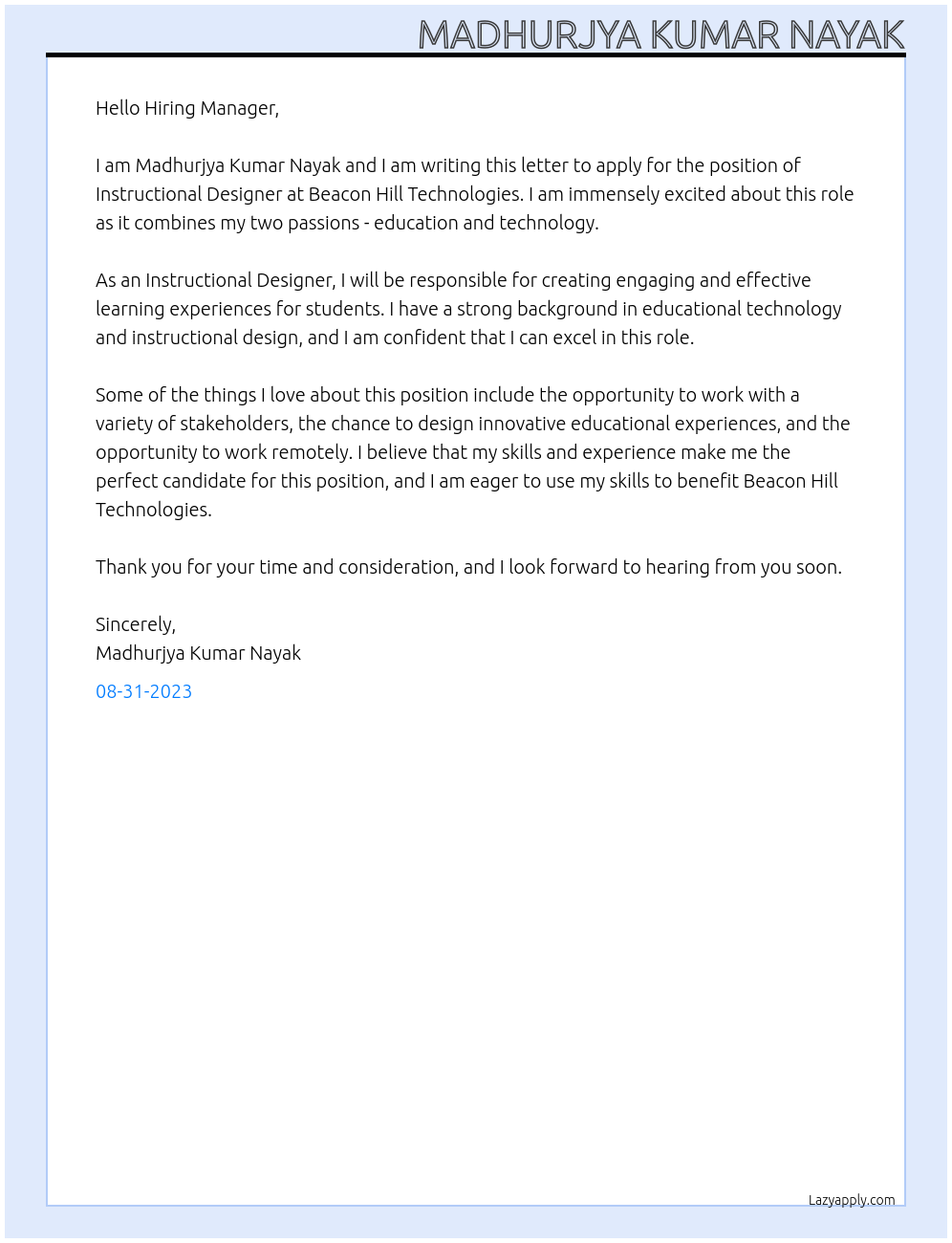 Instructional Designer At Beacon Hill Technologies Cover Letter
