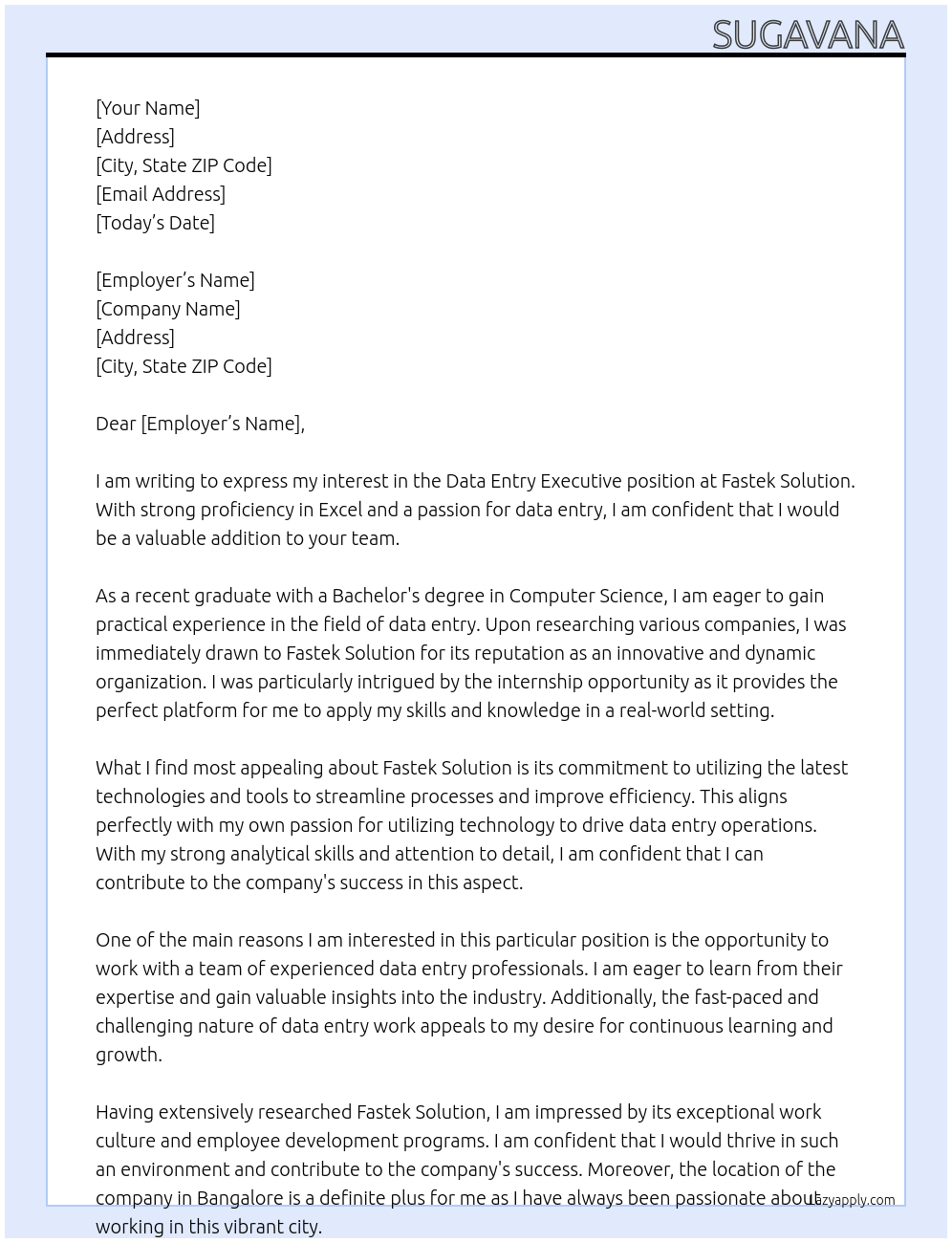 Data entry executive  At Fastek solution Cover Letter