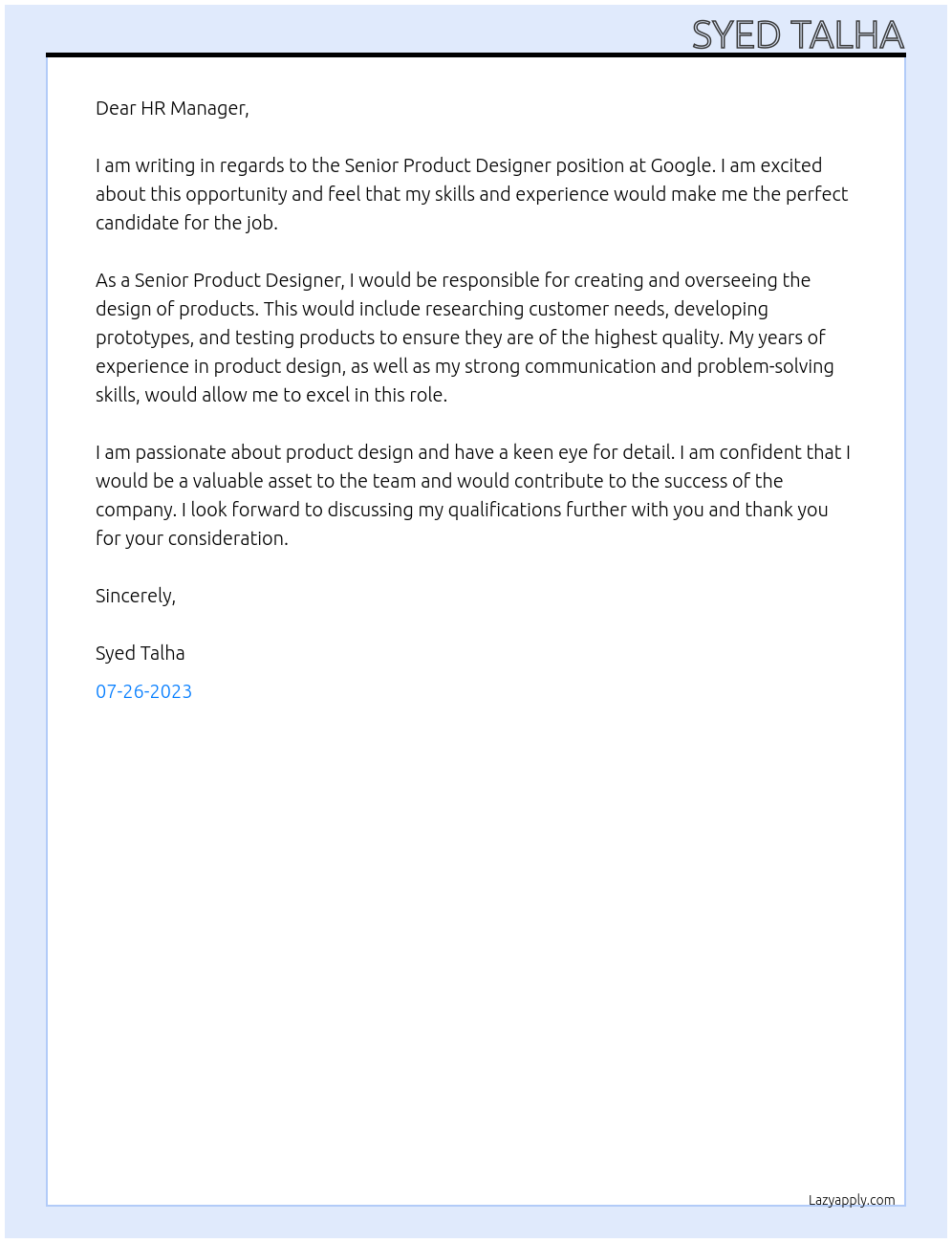 Senior Product designer At google Cover Letter