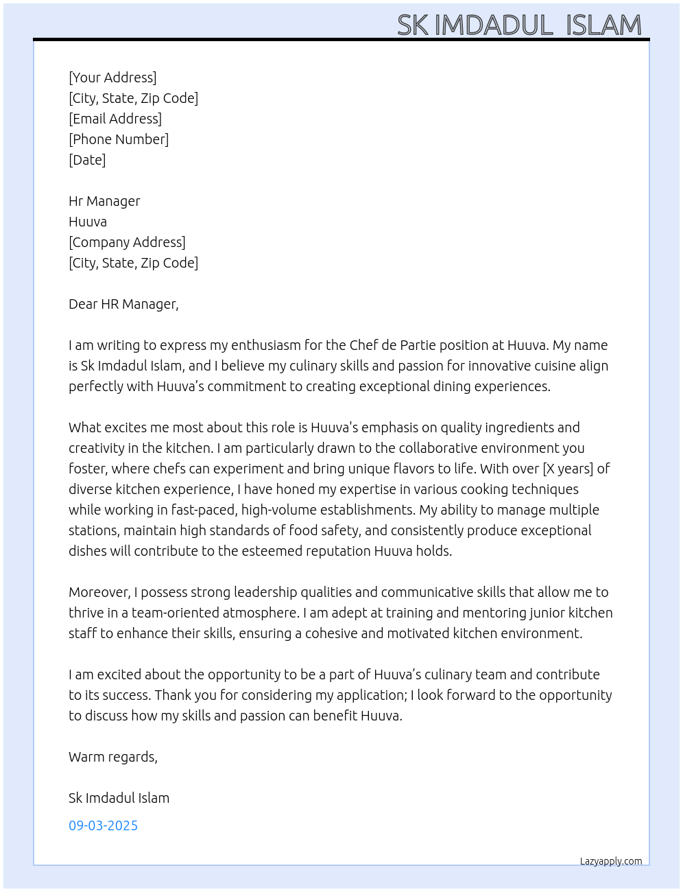 Chef de partie At Huuva Cover Letter