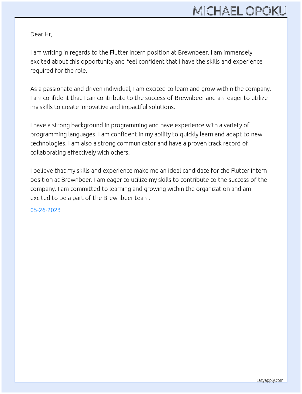 Flutter Intern At Brewnbeer Cover Letter