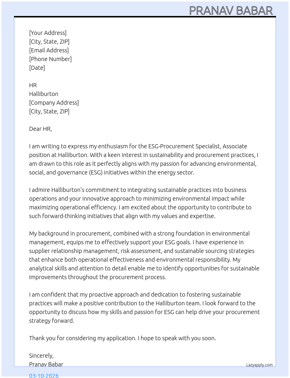 ESG-Procurement Specialist, Assoc At Halliburton  Cover Letter