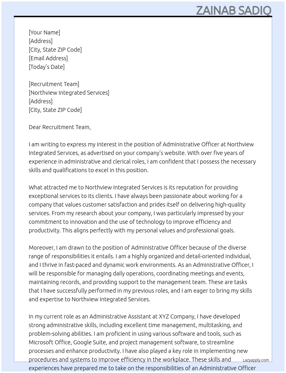 Administrative officer At Northview integrated Services Cover Letter