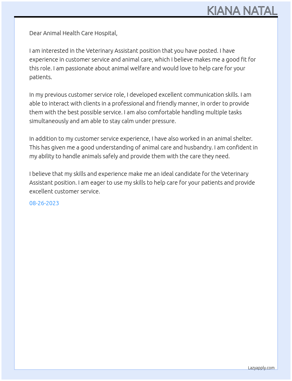 Veterinary Assistant At Animal Health Care Hospital Cover Letter