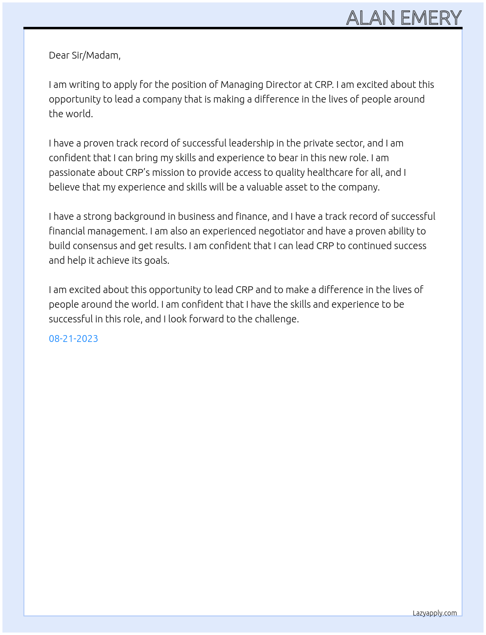 Managing Director At CRP Cover Letter