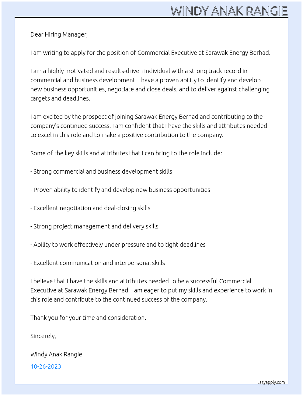 Commercial Executive At SARAWAK ENERGY BERHAD Cover Letter