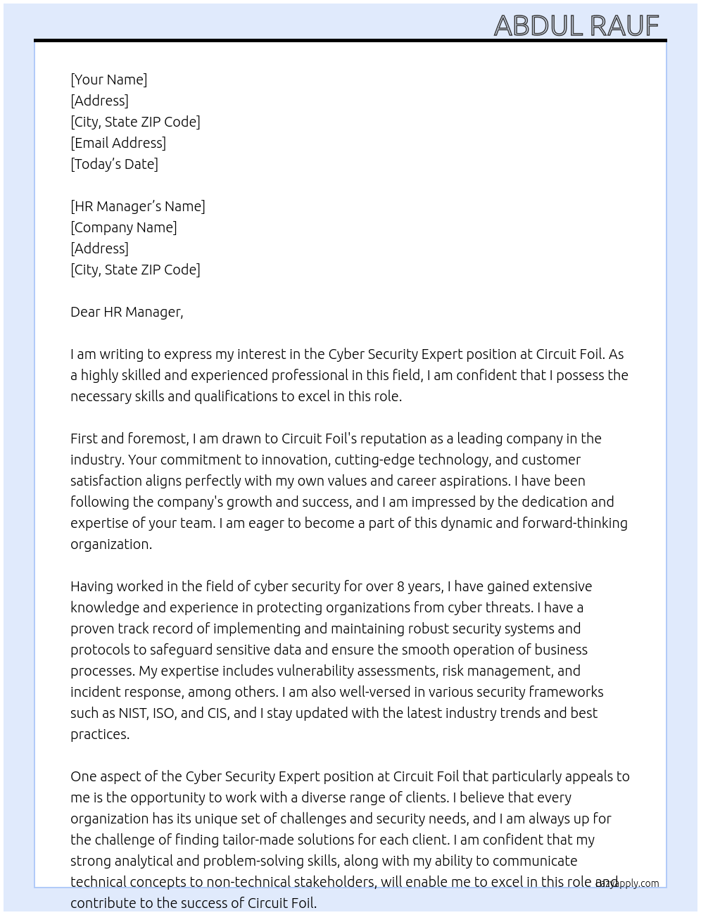 Cyber security expert  At Circuit foil Cover Letter