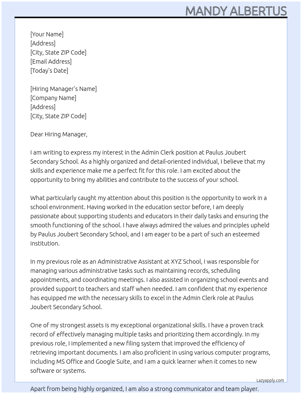 Admin Clerk At Paulus Joubert Secondary School Cover Letter