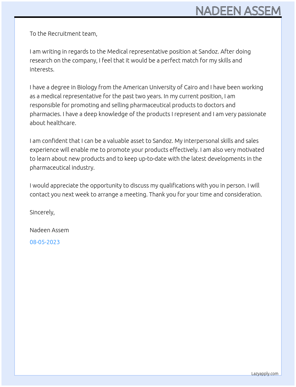 Medical representative At Sandoz Cover Letter