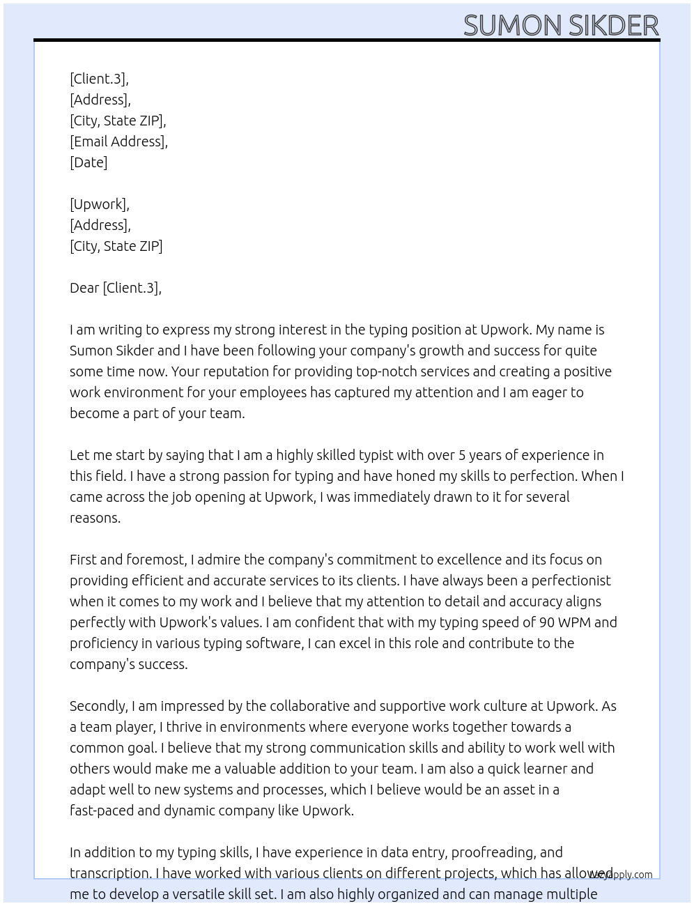 typing At upwork Cover Letter