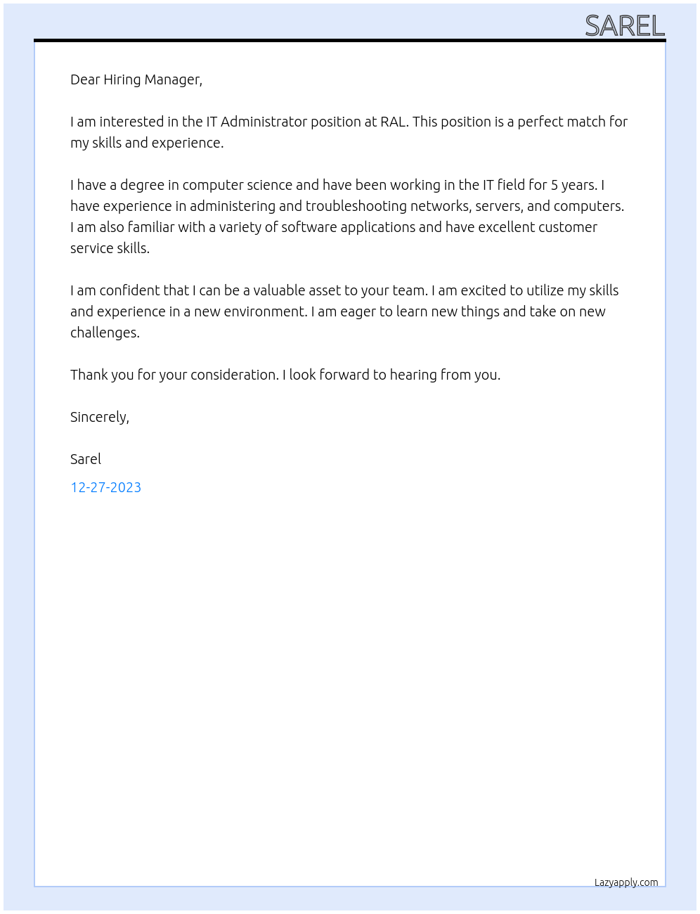 IT Administrator At RAL Cover Letter