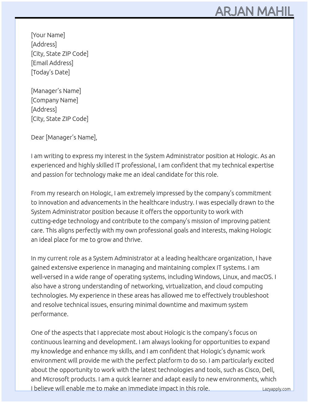System Administrator At Hologic Cover Letter