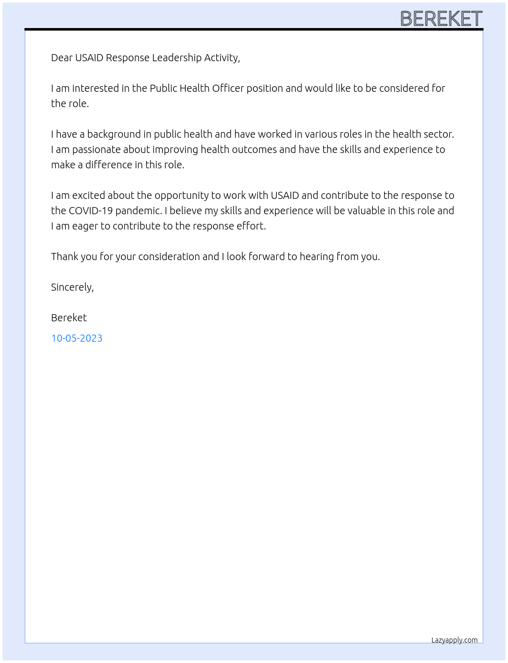 PUBLIC HEALTH OFFICER At USAID response leadership Activity Cover Letter