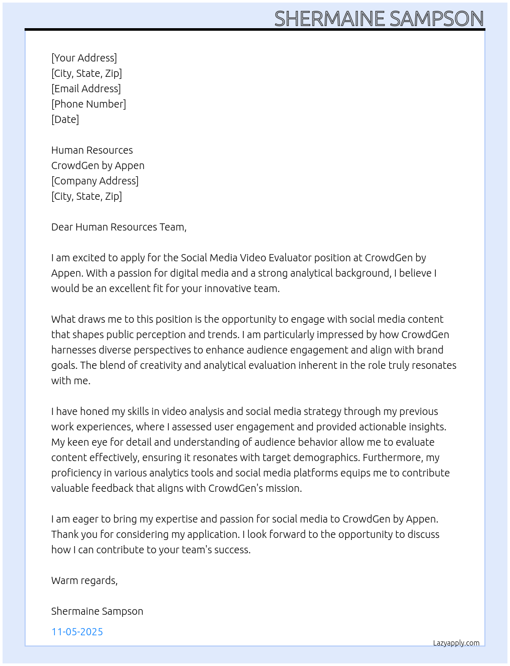 Social Media Video Evaluator (United States) At CrowdGen by Appen logo Cover Letter