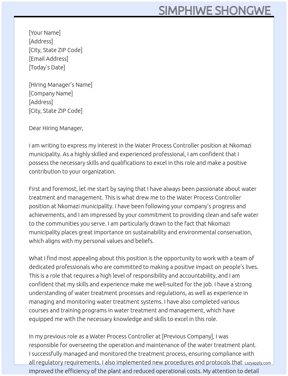 Water process controller At Nkomazi municipality Cover Letter