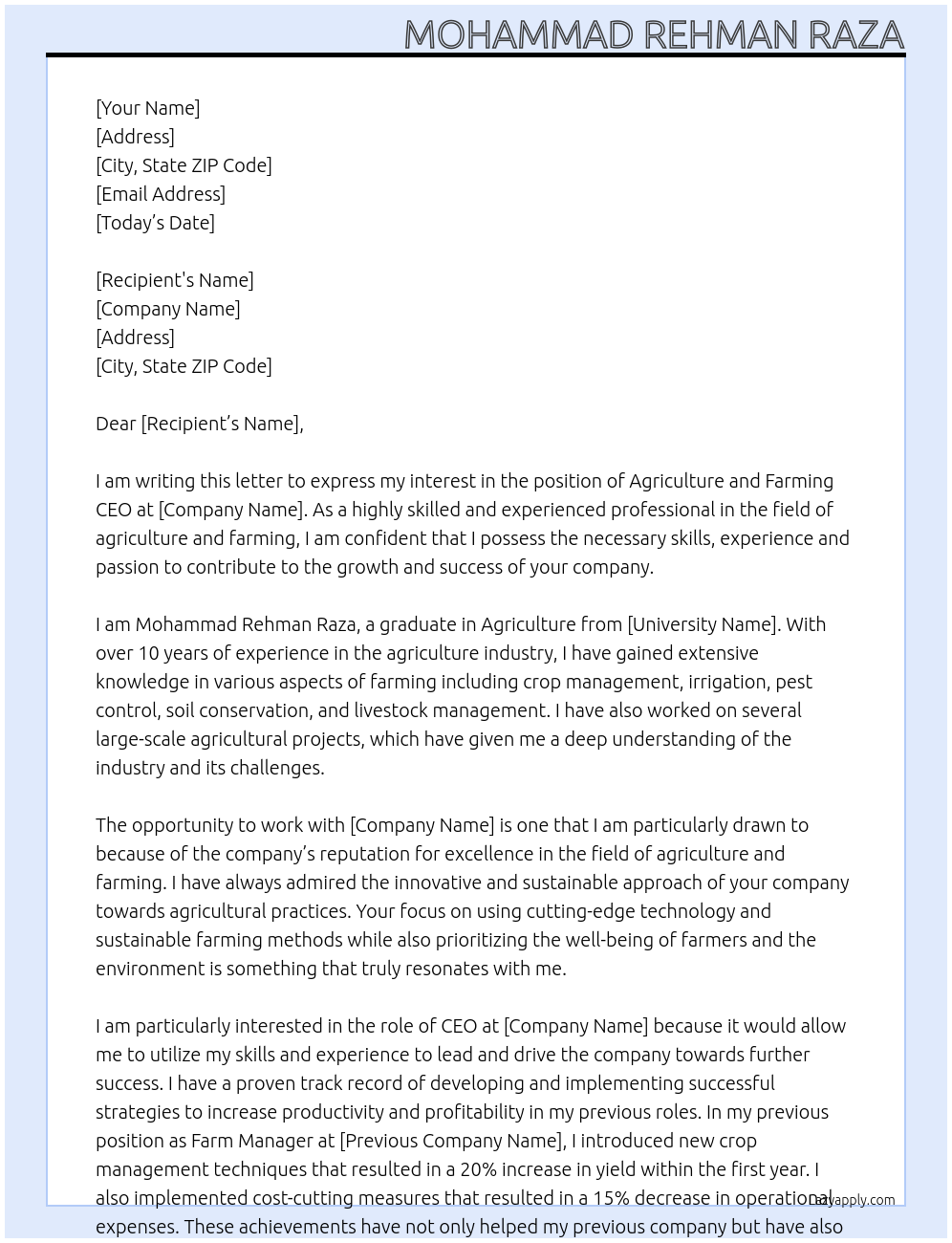 Agriculture and farming At Xyz Cover Letter