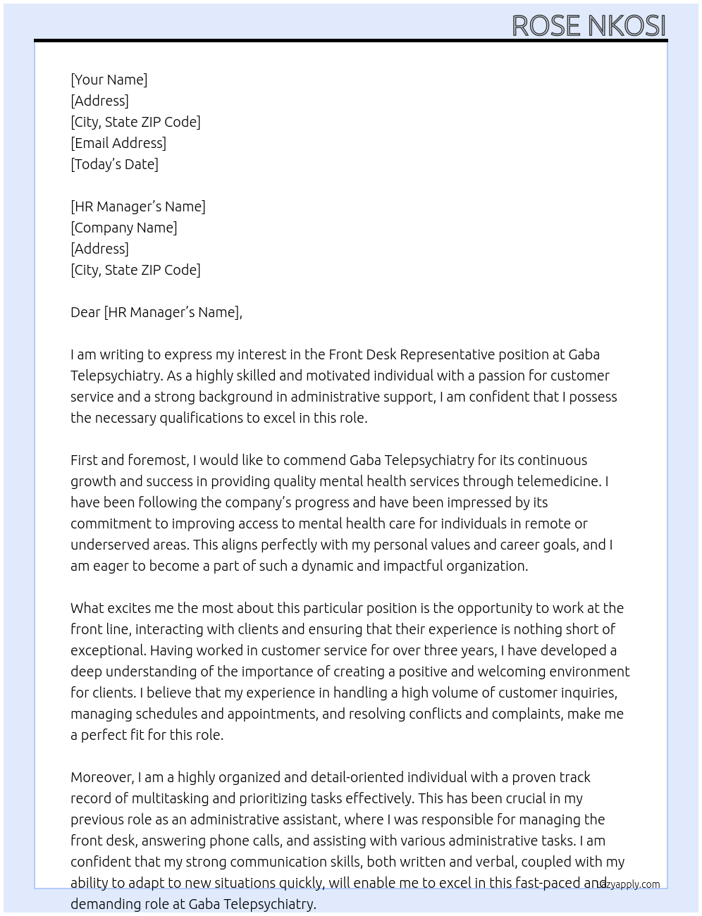 front desk representative At Gaba Telepsychiatry Cover Letter