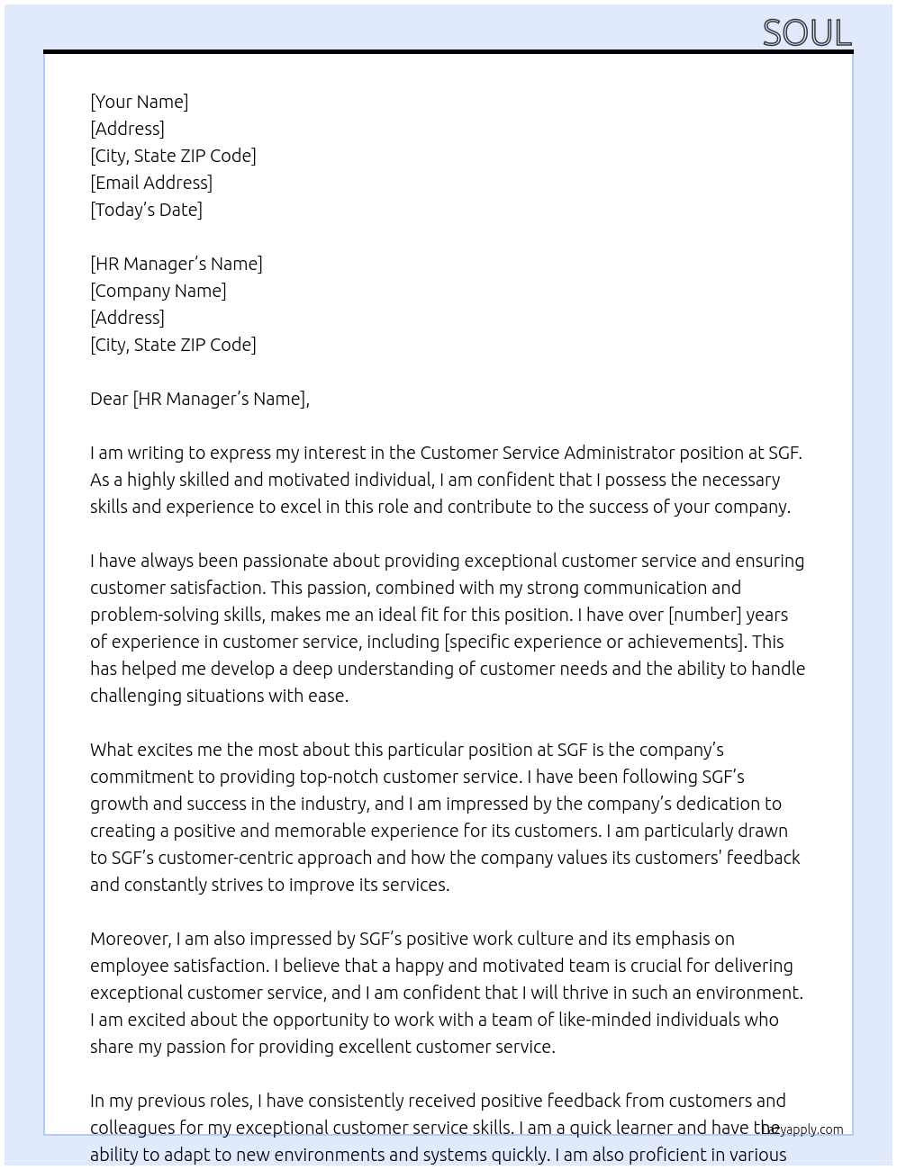 Customer Service administrator At sgf Cover Letter