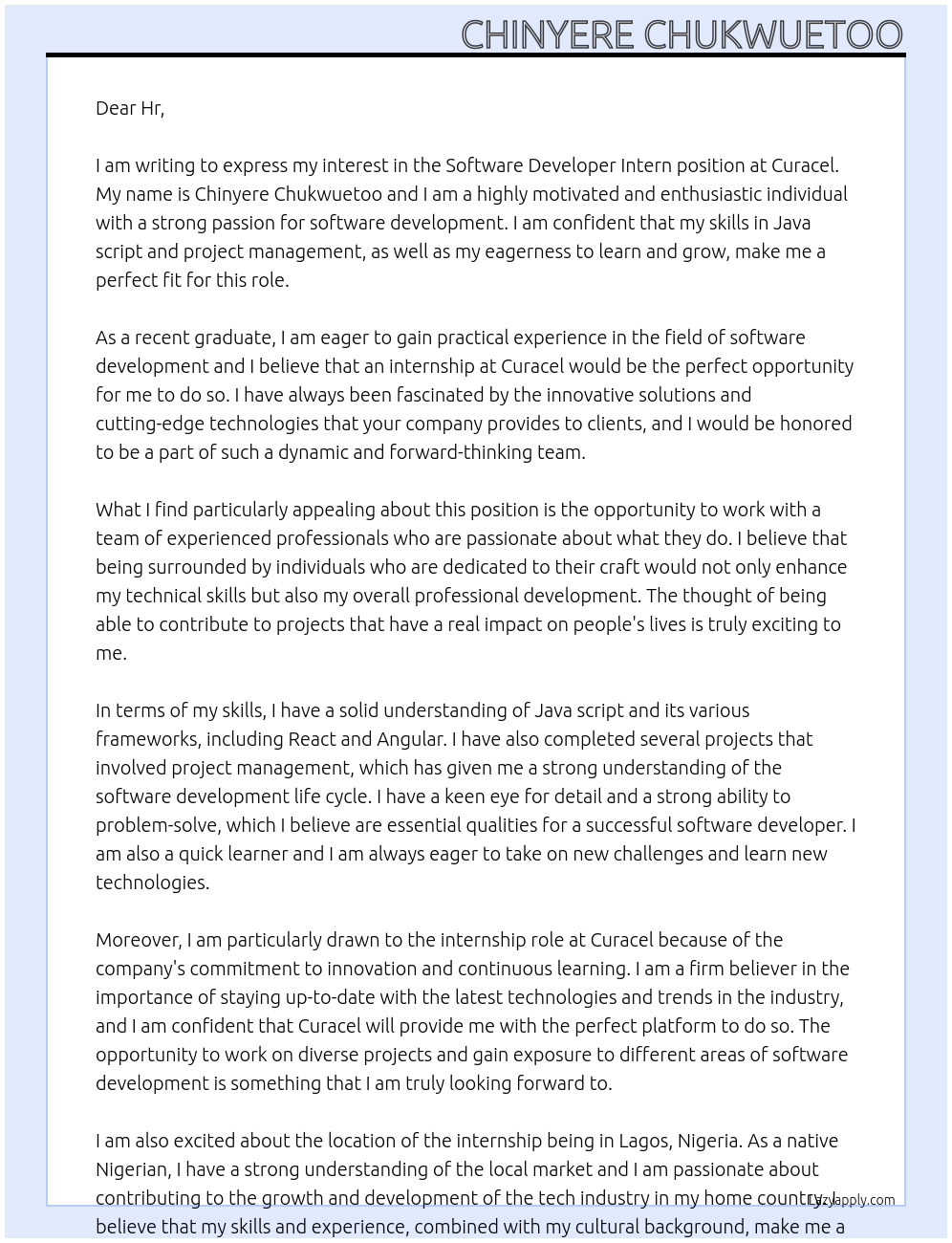 Software developer intern At Curacel Cover Letter