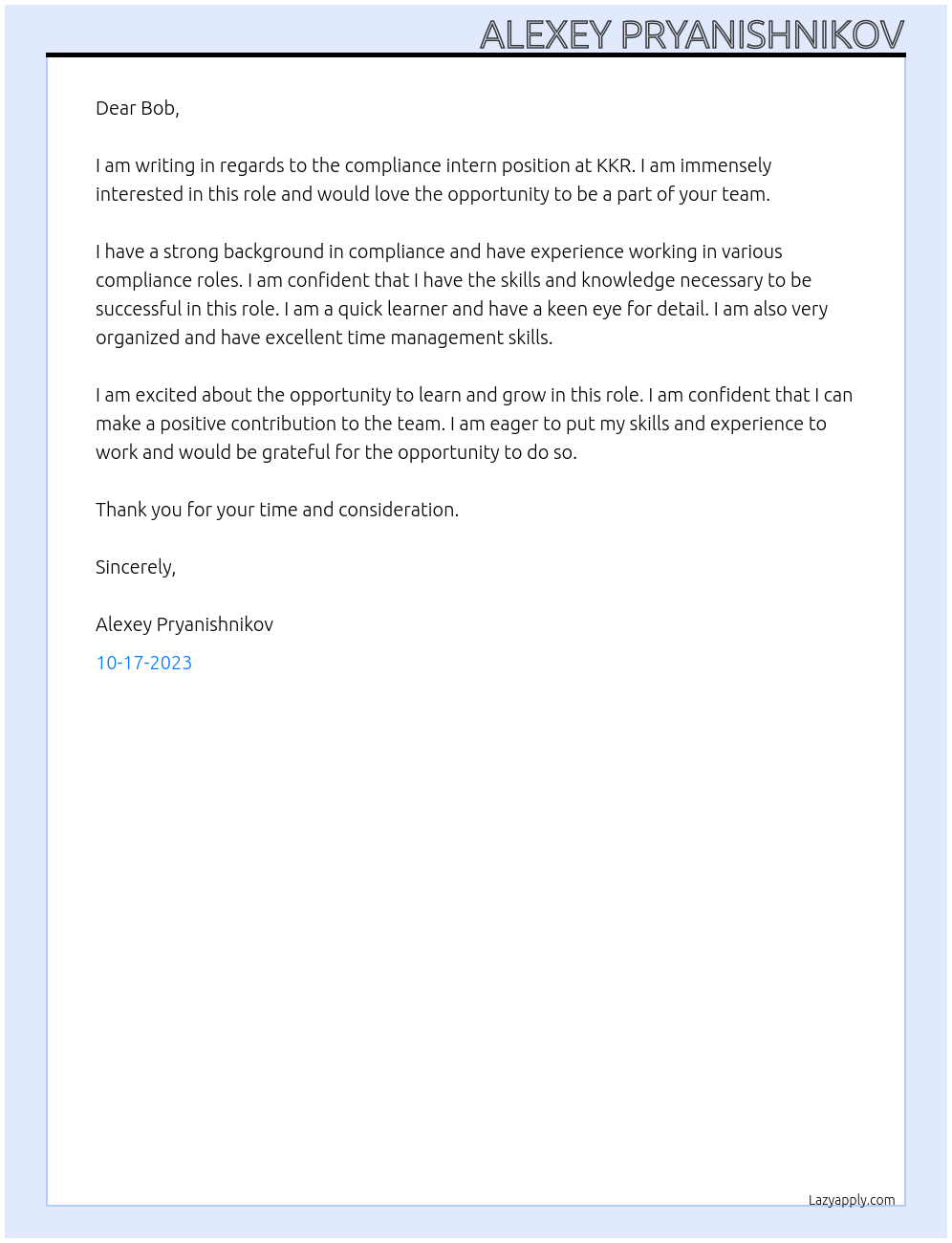 Compliance intern  At KKR Cover Letter