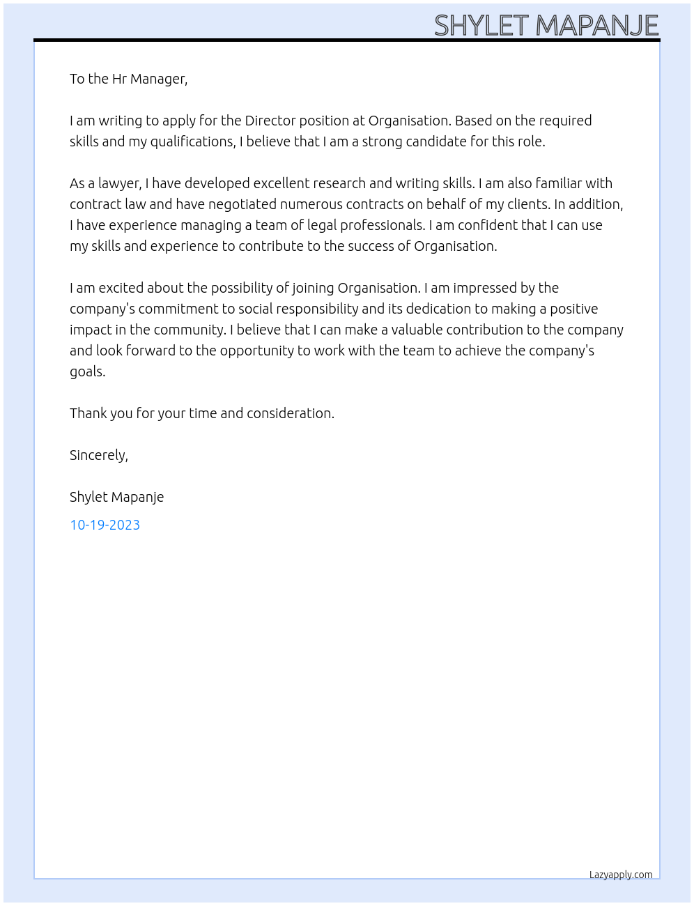 Director At Organisation Cover Letter