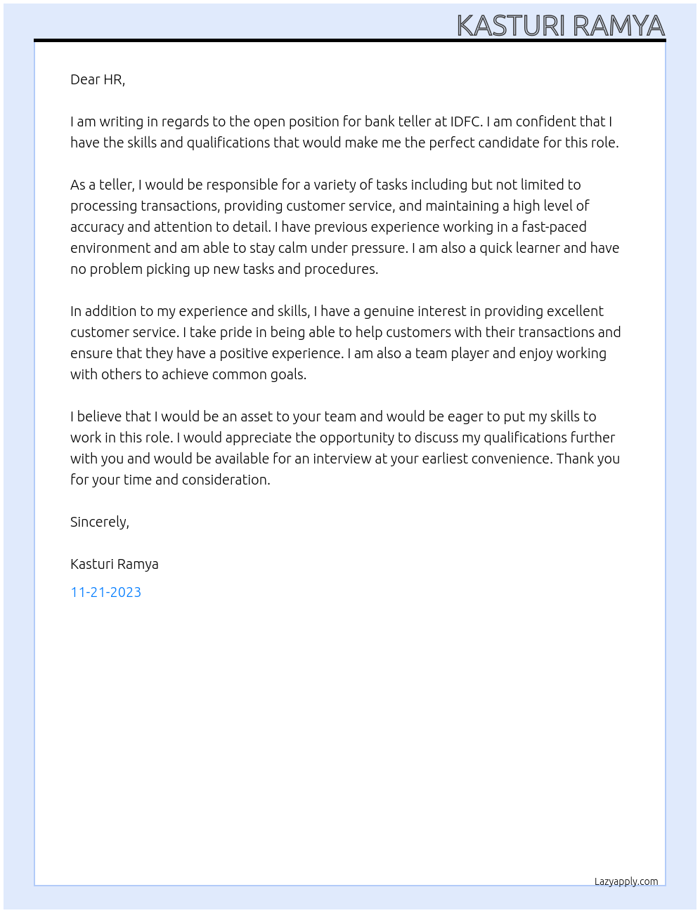 Bank teller At IDFC Cover Letter