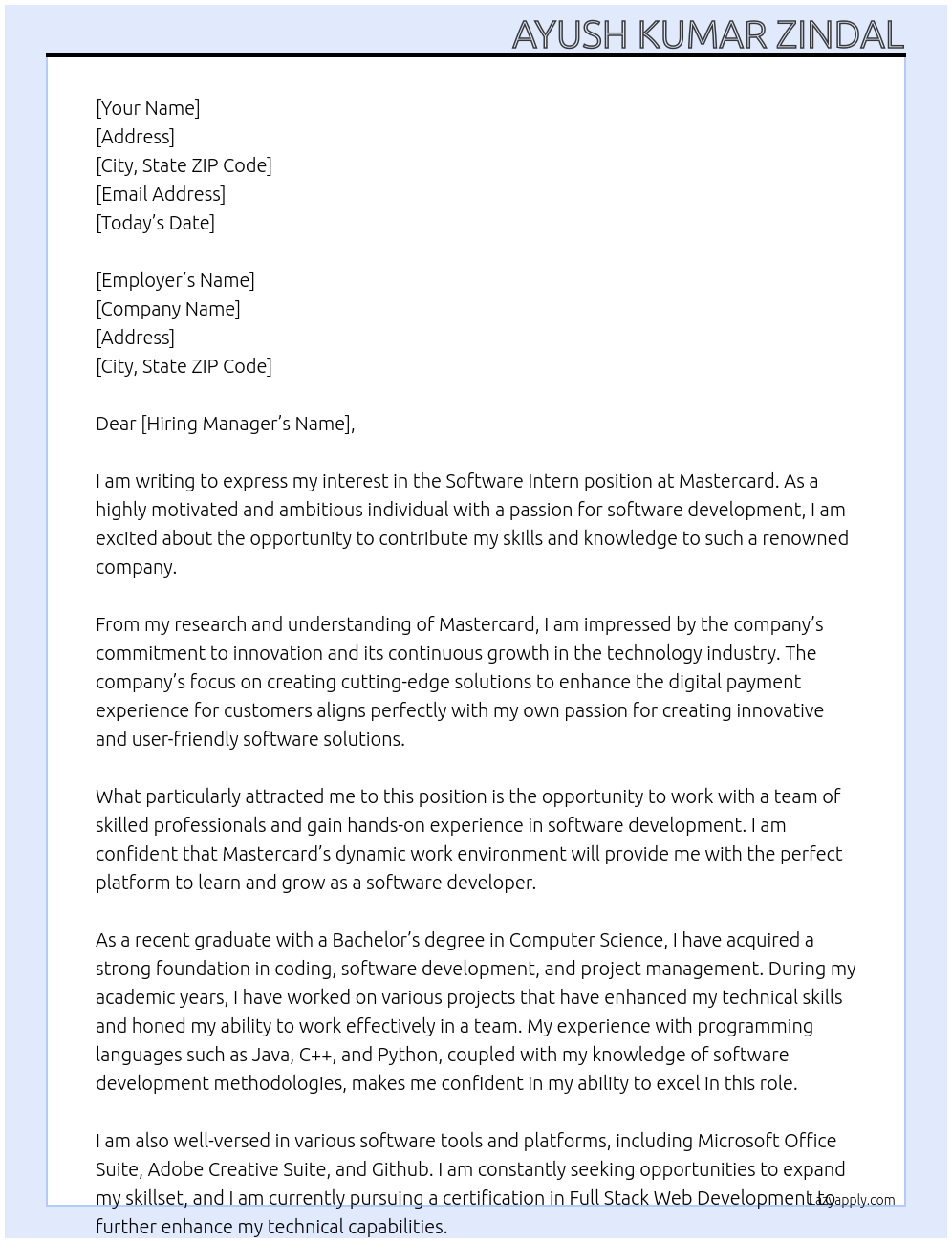 software intern At Mastercard Cover Letter