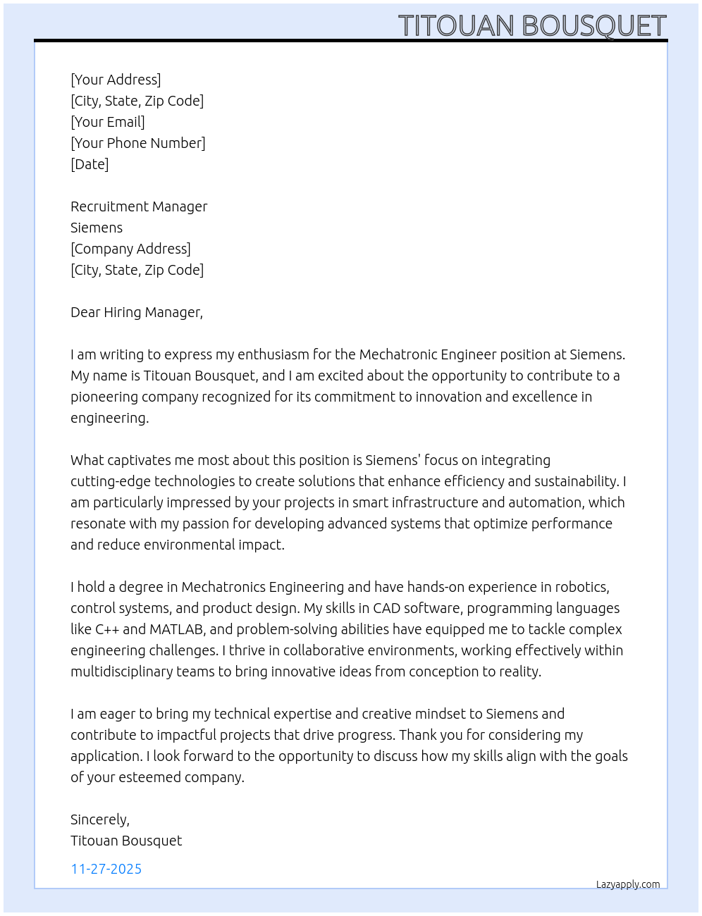 Mechatronic engineer At Siemens Cover Letter
