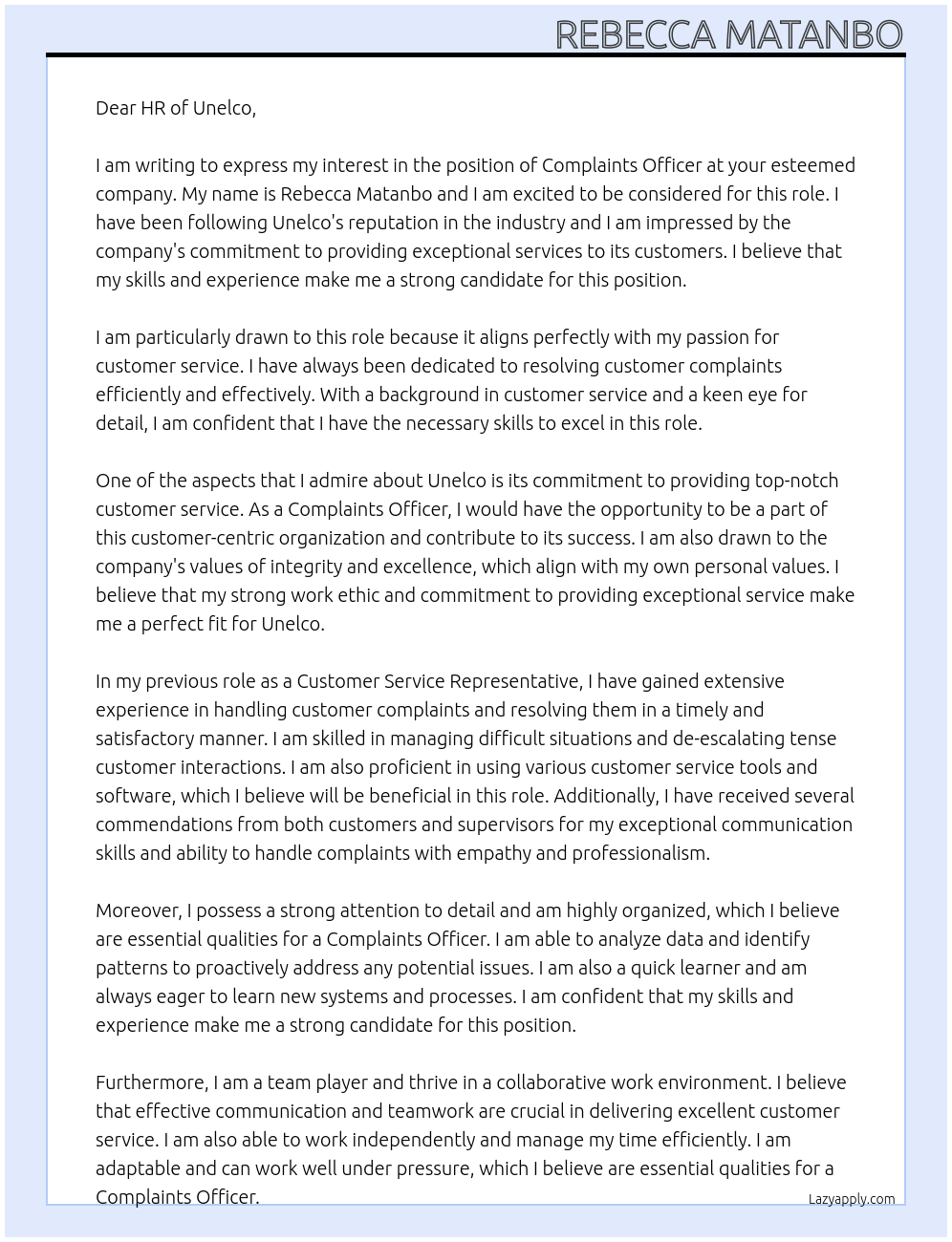 Complaints officer At Unelco Cover Letter