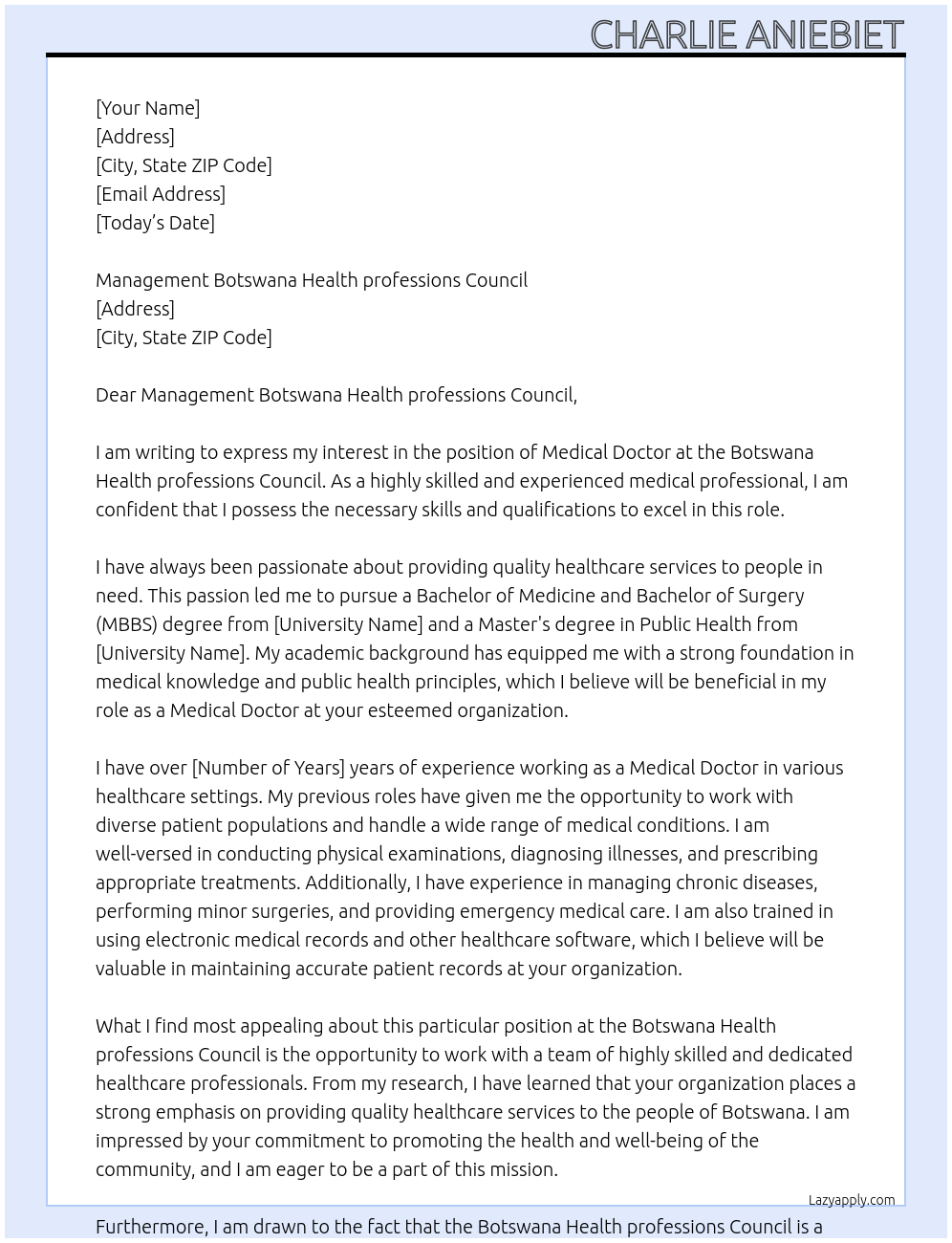 Medical doctor At Botswana Health professions Council Cover Letter