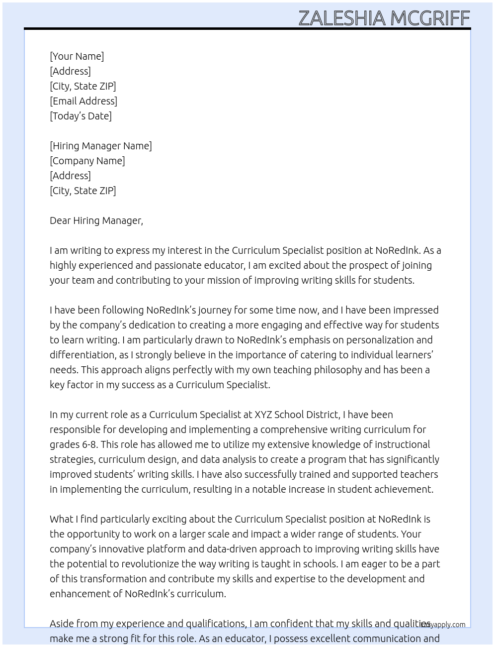 Curriculum Specialist At NoRedInk Cover Letter