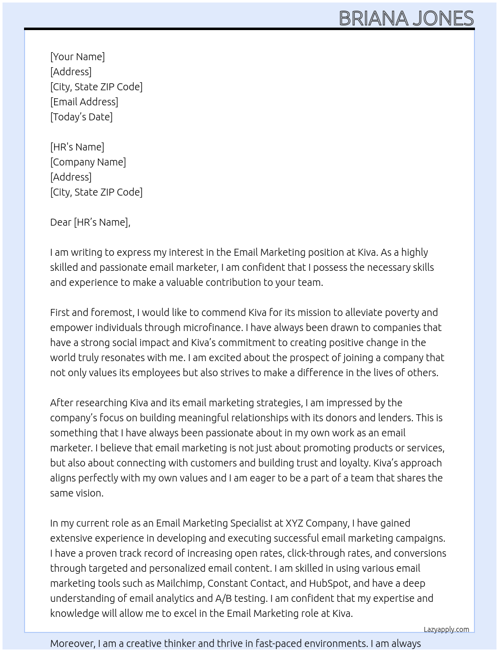 Email Marketing At Kiva Cover Letter