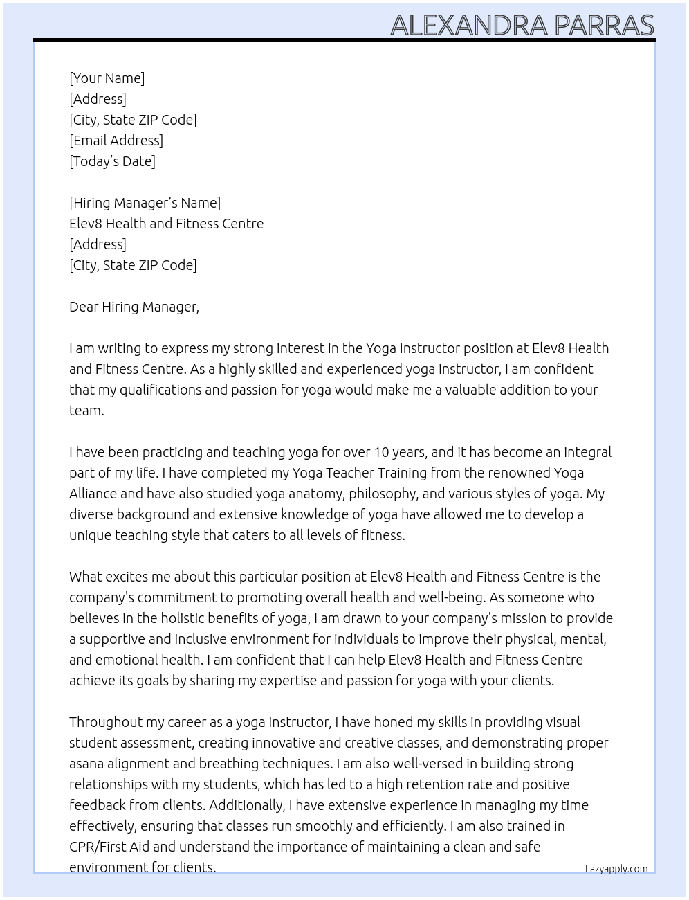 Yoga Instructor At Elev8 Health and Fitness Centre Cover Letter
