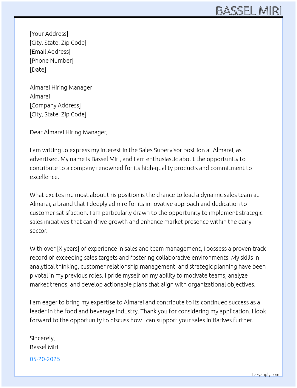 Sales Supervisor  At Almarai Cover Letter