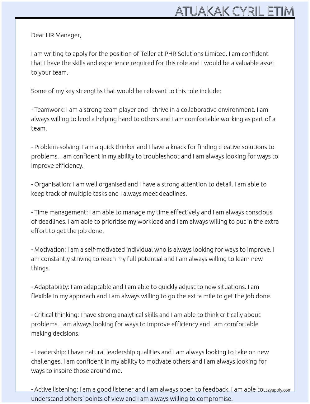 Teller At PHR Solutions Limited Cover Letter