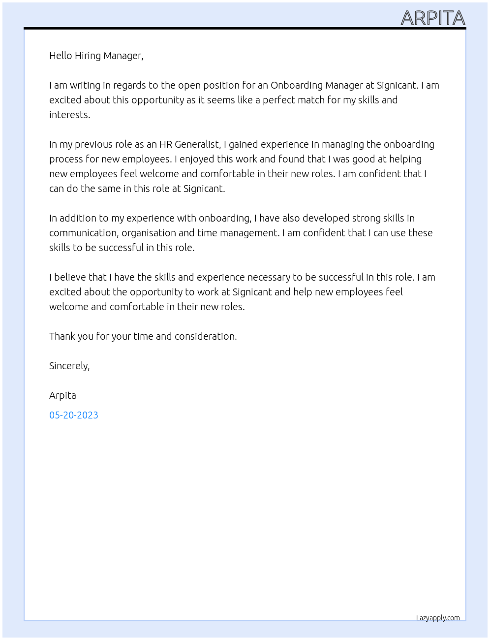 onboarding manager At signicant Cover Letter
