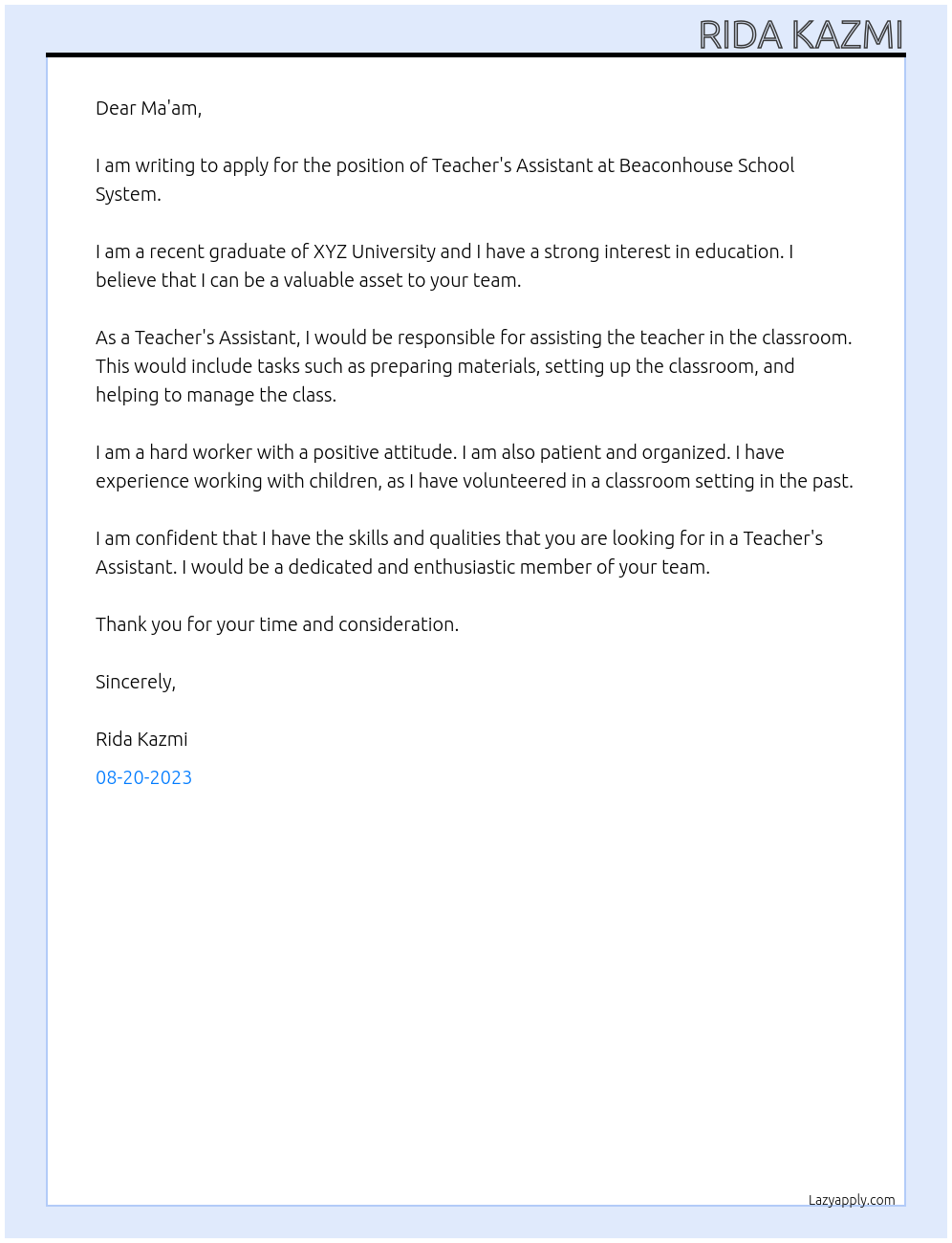 Teacher's Assistant At Beaconhouse School System Cover Letter