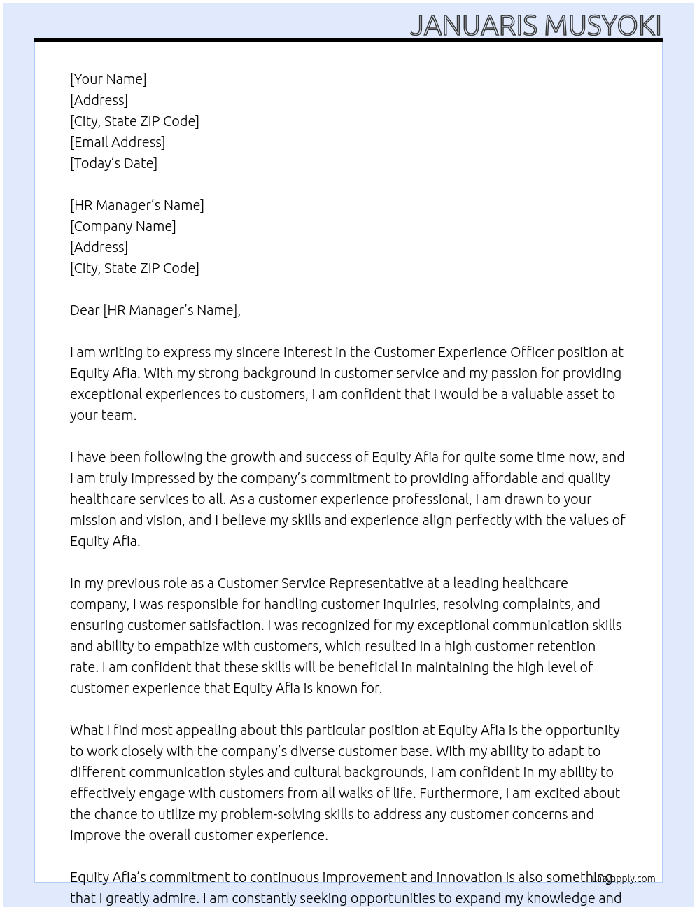 Customer experience officer At Equity Afia Cover Letter