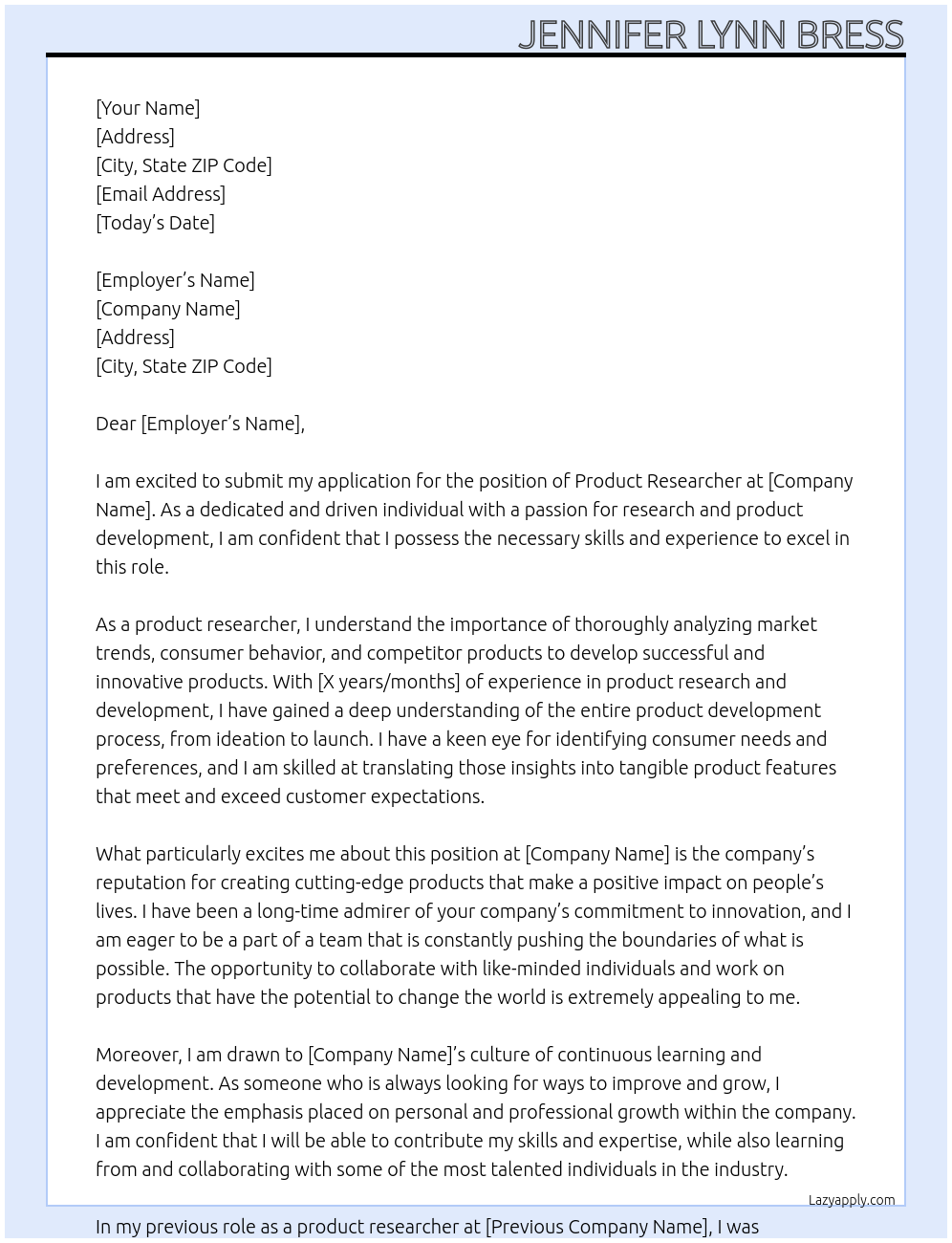 product research At unknown Cover Letter